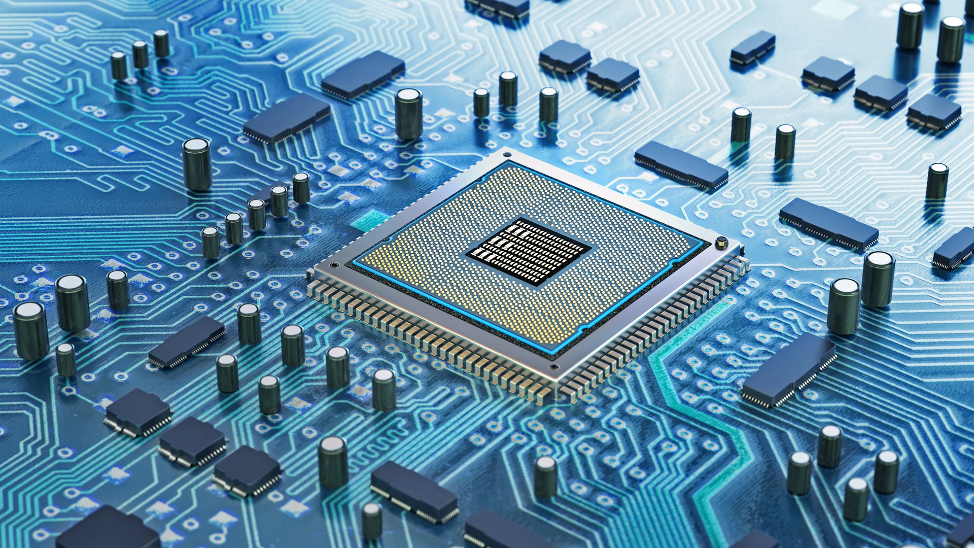 Intricate design of a computer chip on a circuit board surrounded by electronic components